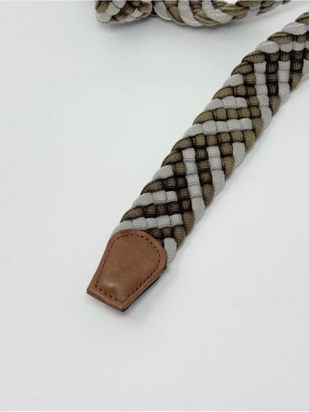 johnnie-O Braided Canvas Belt in Tan, Olive & White with Leather Trim